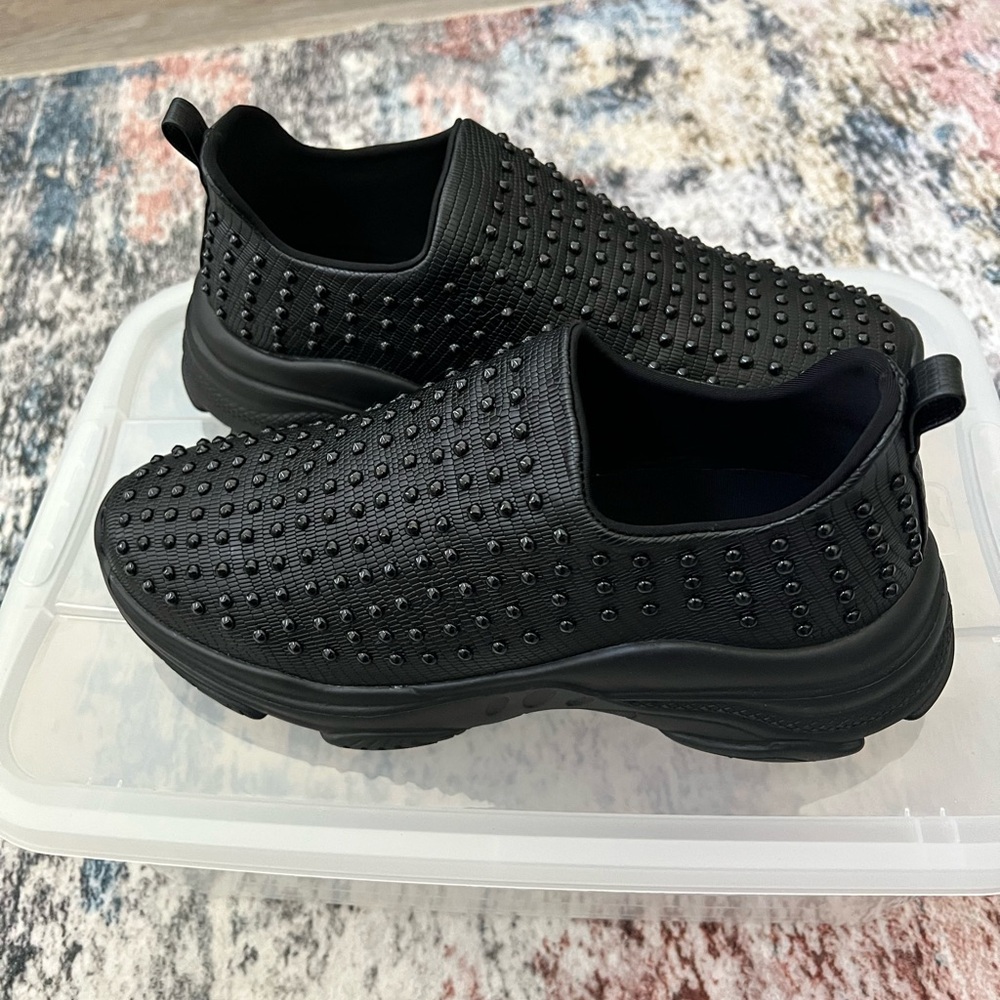 Black Studded Women's Slip-On Shoes - Picture 3 of 5